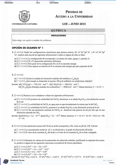 Vista previa de Examen PAU de Química de Cantabria 2015 – Ordinaria