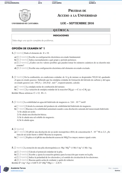 Vista previa de Examen PAU de Química de Cantabria 2016 – Extraordinaria