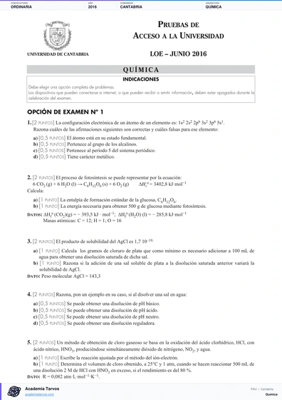Vista previa de Examen PAU de Química de Cantabria 2016 – Ordinaria
