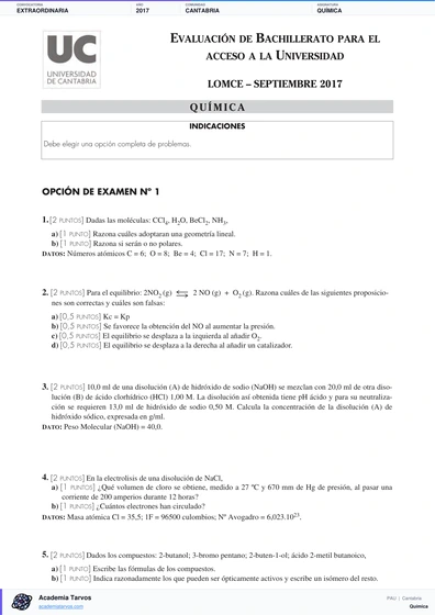 Vista previa de Examen PAU de Química de Cantabria 2017 – Extraordinaria