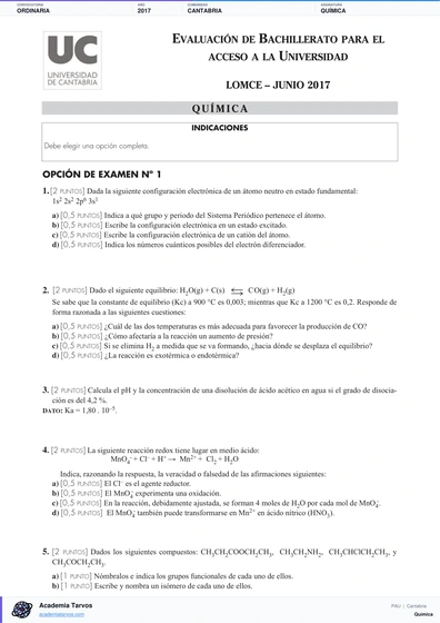 Vista previa de Examen PAU de Química de Cantabria 2017 – Ordinaria