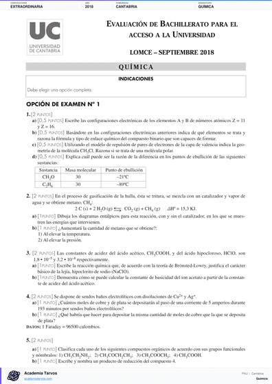 Vista previa de Examen PAU de Química de Cantabria 2018 – Extraordinaria