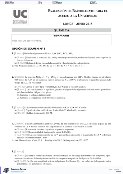 Vista previa de Examen PAU de Química de Cantabria 2018 – Ordinaria