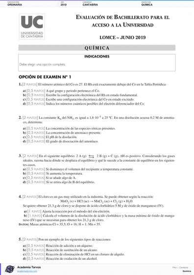 Vista previa de Examen PAU de Química de Cantabria 2019 – Ordinaria