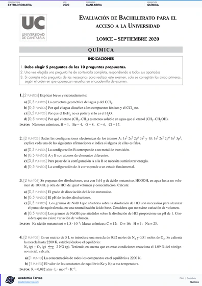 Vista previa de Examen PAU de Química de Cantabria 2020 – Extraordinaria
