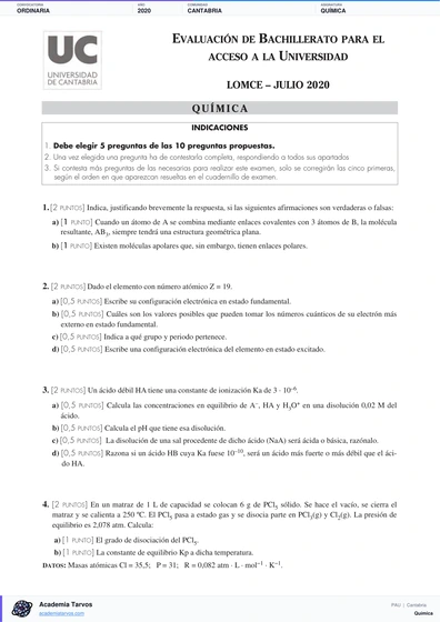 Vista previa de Examen PAU de Química de Cantabria 2020 – Ordinaria