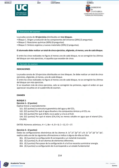 Vista previa de Modelo PAU de Química de Cantabria 2021