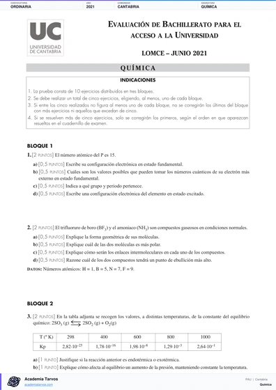 Vista previa de Examen PAU de Química de Cantabria 2021 – Ordinaria