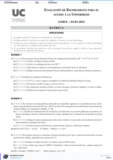 Vista previa de Examen PAU de Química de Cantabria 2022 – Extraordinaria