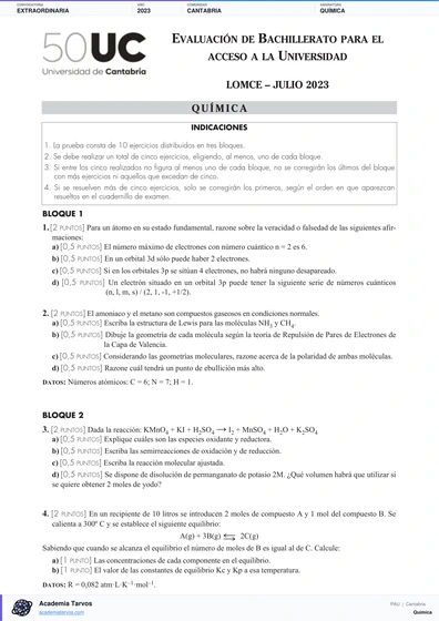 Vista previa de Examen PAU de Química de Cantabria 2023 – Extraordinaria