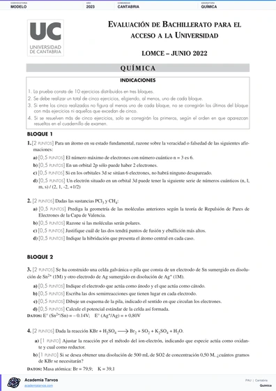 Vista previa de Modelo PAU de Química de Cantabria 2023
