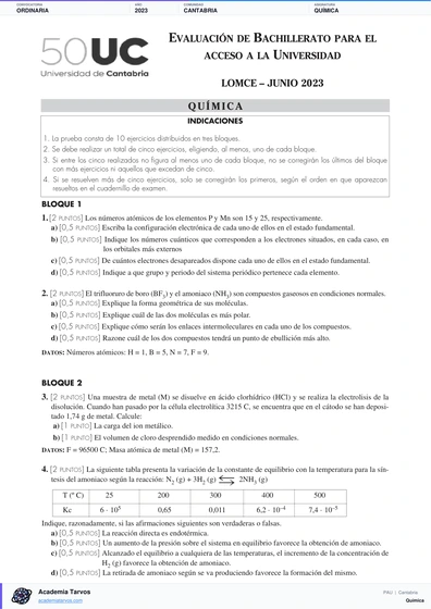 Vista previa de Examen PAU de Química de Cantabria 2023 – Ordinaria