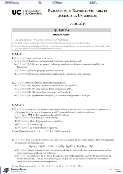 Vista previa de Examen PAU de Química de Cantabria 2024 – Extraordinaria