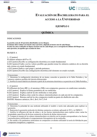 Vista previa de Modelo PAU de Química de Cantabria 2024