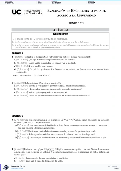 Vista previa de Examen PAU de Química de Cantabria 2024 – Ordinaria