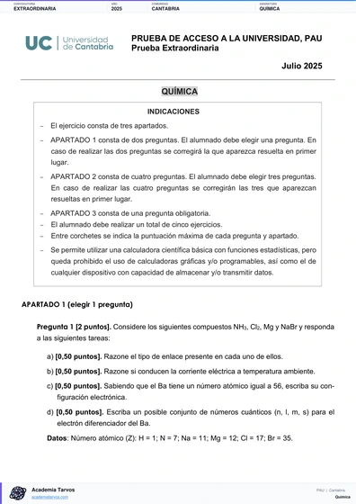 Vista previa de Examen PAU de Química de Cantabria 2025 – Extraordinaria