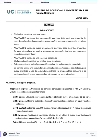 Vista previa de Examen PAU de Química de Cantabria 2025 – Ordinaria