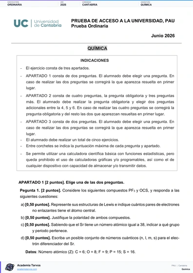 Vista previa de Examen PAU de Química de Cantabria 2026 – Ordinaria