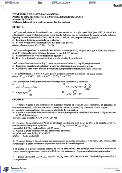 Vista previa de Examen PAU de Química de Castilla-La Mancha 2000 – Extraordinaria