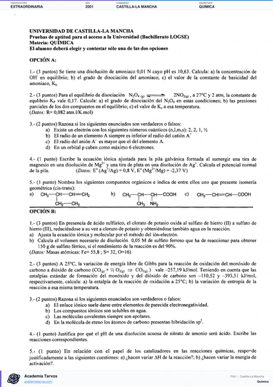 Vista previa de Examen PAU de Química de Castilla-La Mancha 2001 – Extraordinaria
