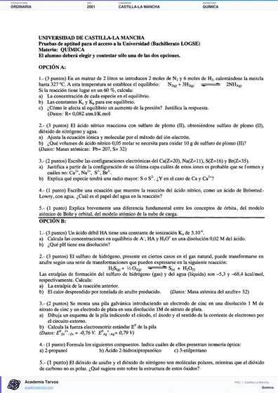 Vista previa de Examen PAU de Química de Castilla-La Mancha 2001 – Ordinaria