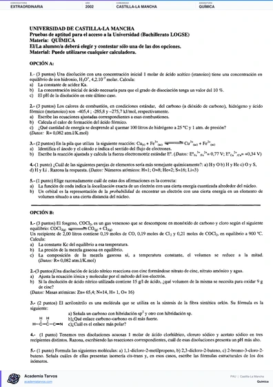 Vista previa de Examen PAU de Química de Castilla-La Mancha 2002 – Extraordinaria