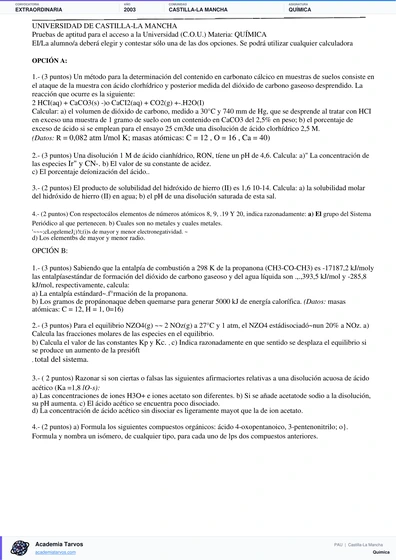 Vista previa de Examen PAU de Química de Castilla-La Mancha 2003 – Extraordinaria