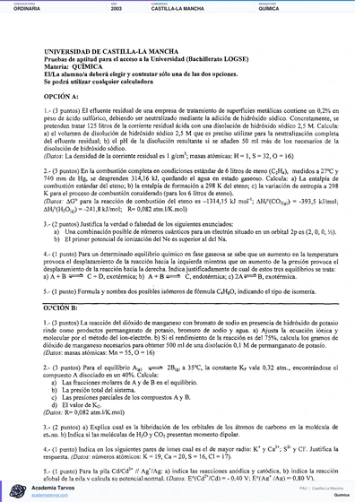 Vista previa de Examen PAU de Química de Castilla-La Mancha 2003 – Ordinaria