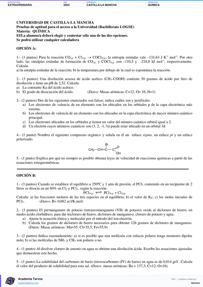 Vista previa de Examen PAU de Química de Castilla-La Mancha 2004 – Extraordinaria