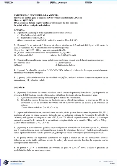 Vista previa de Examen PAU de Química de Castilla-La Mancha 2004 – Ordinaria