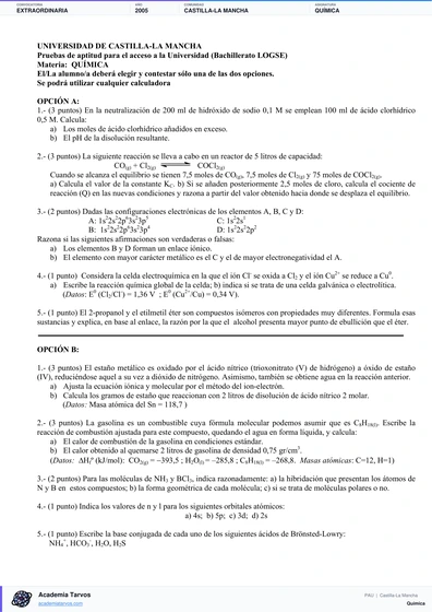 Vista previa de Examen PAU de Química de Castilla-La Mancha 2005 – Extraordinaria