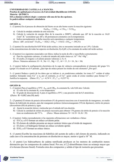 Vista previa de Examen PAU de Química de Castilla-La Mancha 2005 – Ordinaria