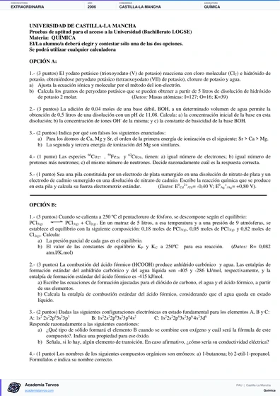 Vista previa de Examen PAU de Química de Castilla-La Mancha 2006 – Extraordinaria