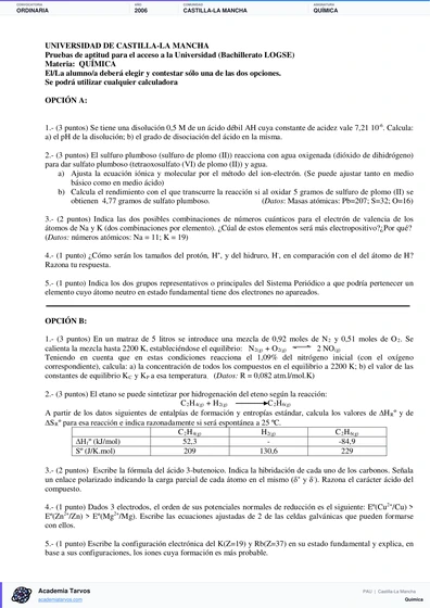Vista previa de Examen PAU de Química de Castilla-La Mancha 2006 – Ordinaria