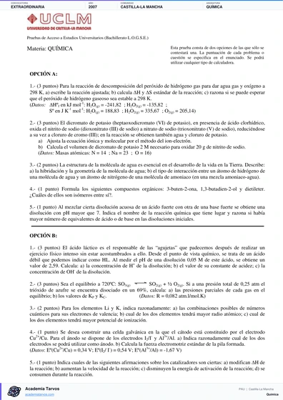 Vista previa de Examen PAU de Química de Castilla-La Mancha 2007 – Extraordinaria
