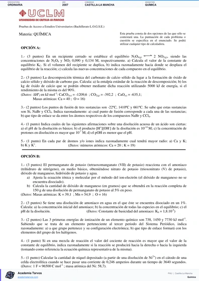 Vista previa de Examen PAU de Química de Castilla-La Mancha 2007 – Ordinaria