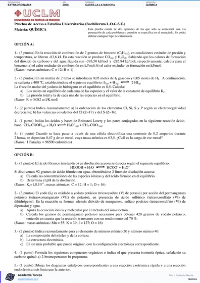 Vista previa de Examen PAU de Química de Castilla-La Mancha 2008 – Extraordinaria