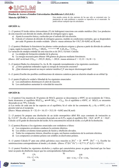 Vista previa de Examen PAU de Química de Castilla-La Mancha 2008 – Ordinaria