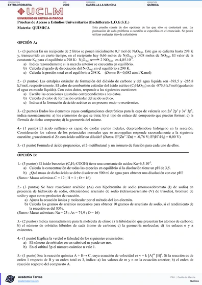 Vista previa de Examen PAU de Química de Castilla-La Mancha 2009 – Extraordinaria