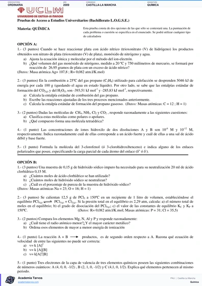 Vista previa de Examen PAU de Química de Castilla-La Mancha 2009 – Ordinaria