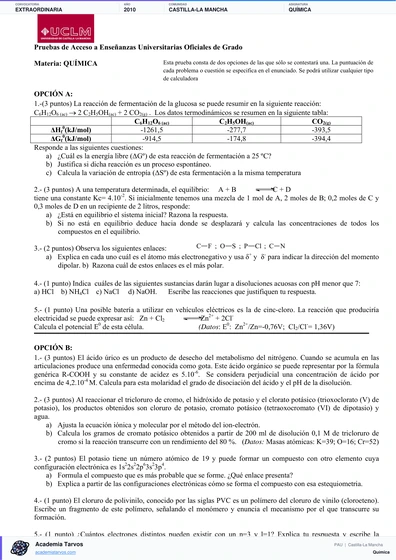 Vista previa de Examen PAU de Química de Castilla-La Mancha 2010 – Extraordinaria