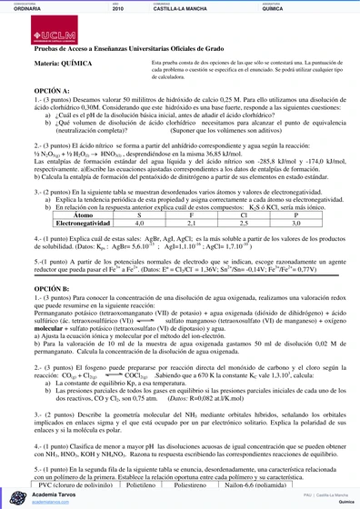 Vista previa de Examen PAU de Química de Castilla-La Mancha 2010 – Ordinaria