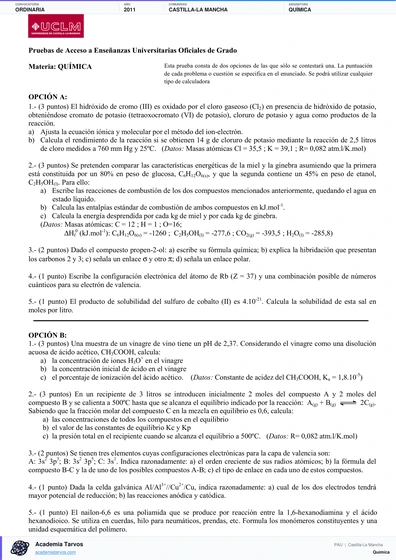Vista previa de Examen PAU de Química de Castilla-La Mancha 2011 – Ordinaria