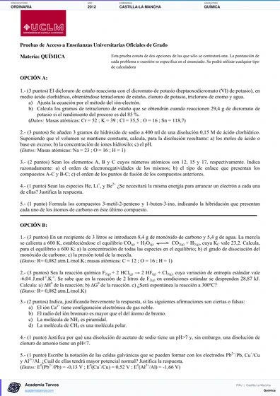 Vista previa de Examen PAU de Química de Castilla-La Mancha 2012 – Ordinaria