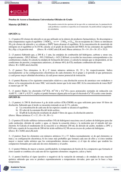 Vista previa de Examen PAU de Química de Castilla-La Mancha 2013 – Extraordinaria