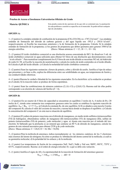 Vista previa de Examen PAU de Química de Castilla-La Mancha 2014 – Extraordinaria