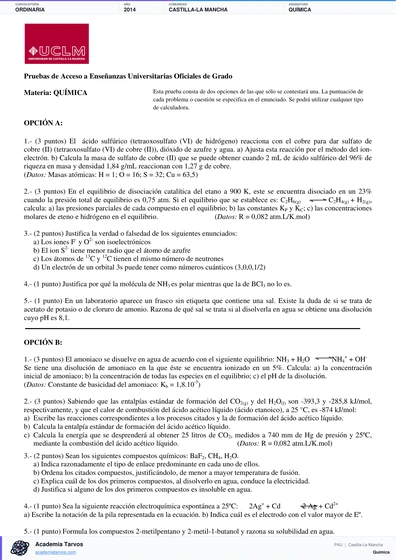 Vista previa de Examen PAU de Química de Castilla-La Mancha 2014 – Ordinaria
