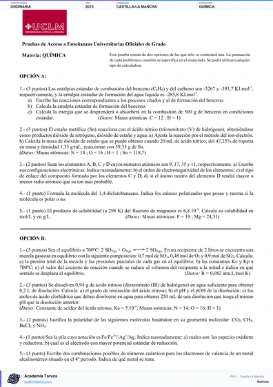 Vista previa de Examen PAU de Química de Castilla-La Mancha 2015 – Ordinaria