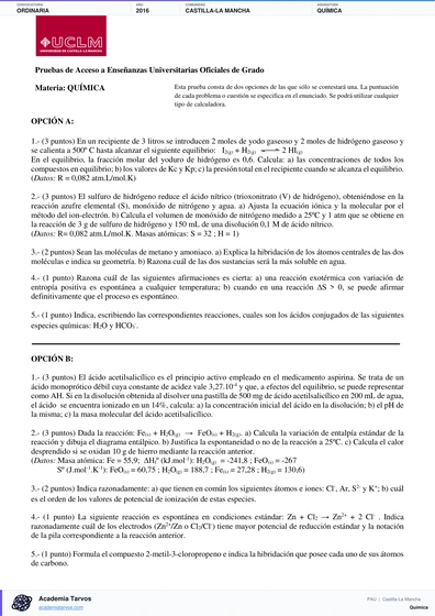 Vista previa de Examen PAU de Química de Castilla-La Mancha 2016 – Ordinaria