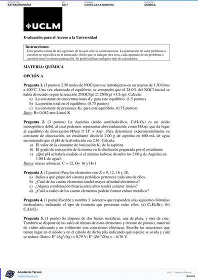 Vista previa de Examen PAU de Química de Castilla-La Mancha 2017 – Extraordinaria